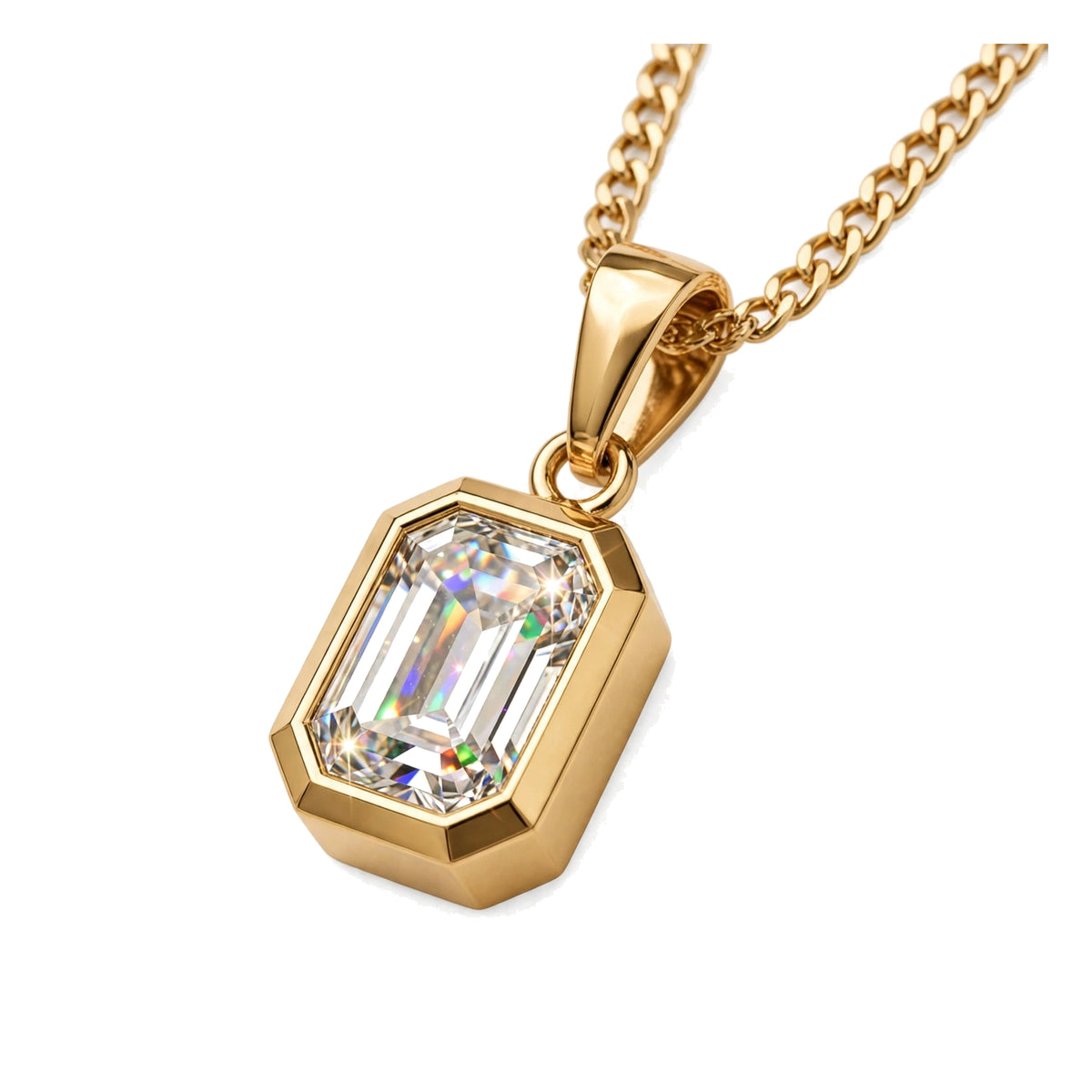 18K Yellow Gold Bezel-Set Emerald Cut Diamond Pendant Necklace