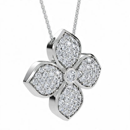 18K Yellow Gold Pavé Diamond Four-Petal Flower Pendant Necklace
