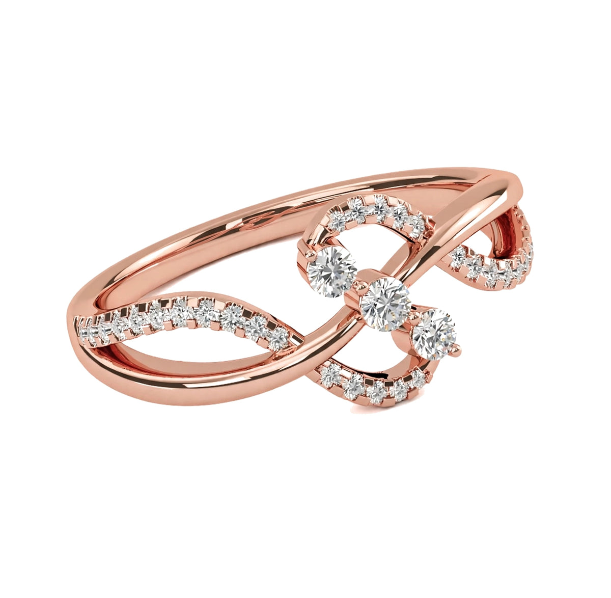 14K Yellow Gold Infinity Twist Three Stone Bypass Diamond Ring.