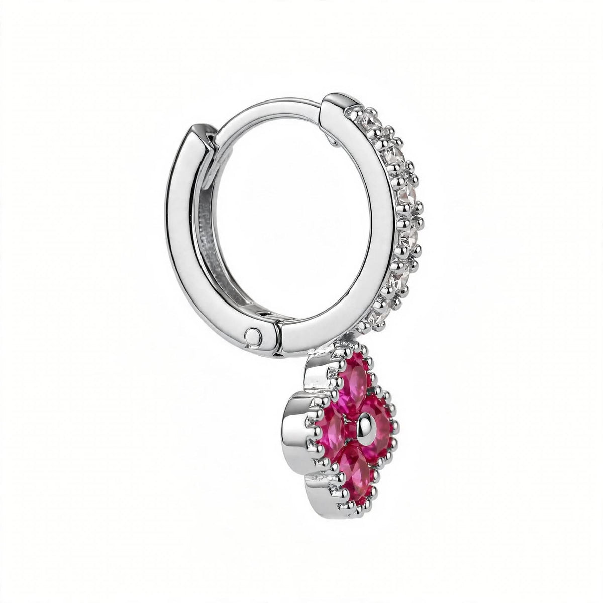 925 Sterling Silver Pink Ruby Clover Huggie Hoop Earrings