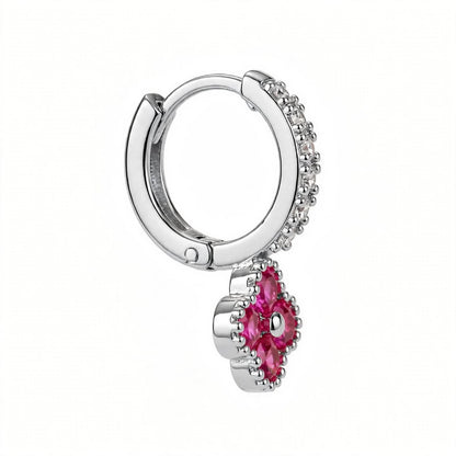 925 Sterling Silver Pink Ruby Clover Huggie Hoop Earrings