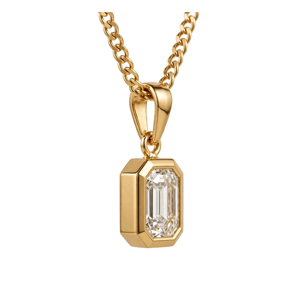 18K Yellow Gold Bezel-Set Emerald Cut Diamond Pendant Necklace