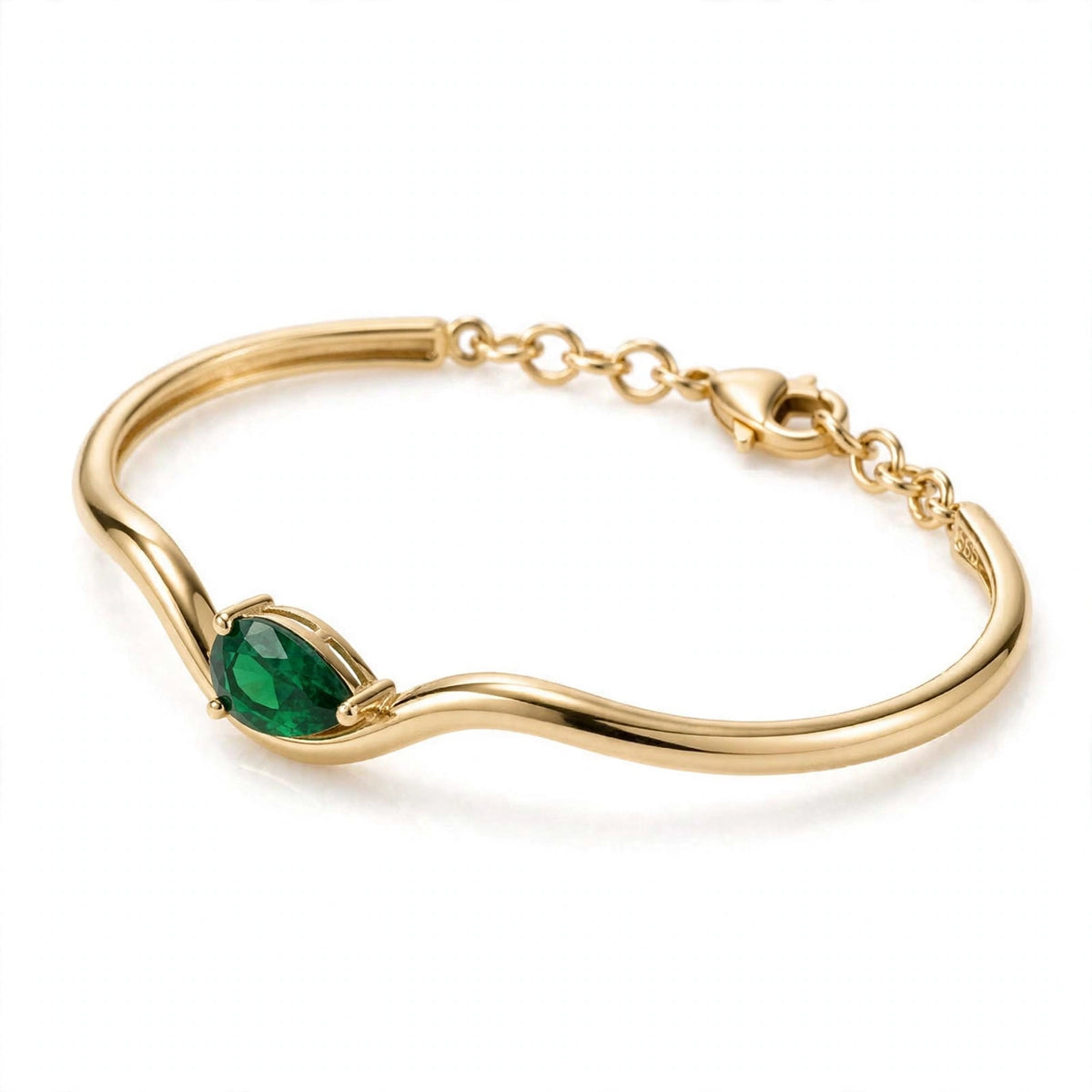 14K Yellow Gold Minimalist Pear-Shaped Emerald Asymmetric Wave Bangle Bracelet