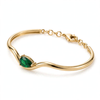 14K Yellow Gold Minimalist Pear-Shaped Emerald Asymmetric Wave Bangle Bracelet