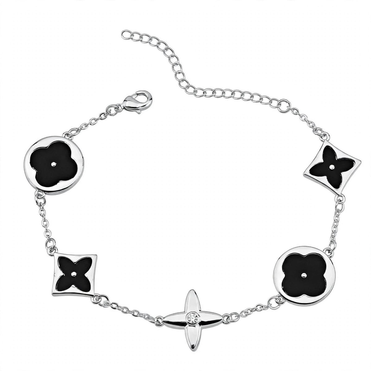 14K Rose Gold Mixed Motif Black Enamel Charm Bracelet.