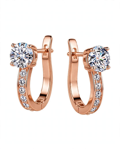 Rose Gold Leverback Hoop Earrings with Solitaire Top Stone & Pave Accent Crystals