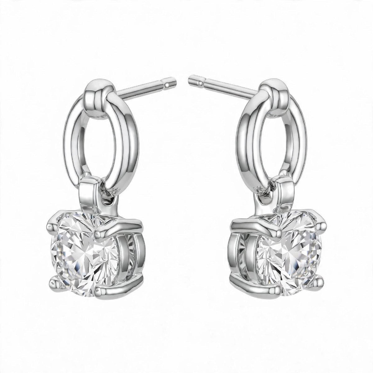 925 Sterling Silver Solitaire Brilliant-Cut Round Dangle Hoops