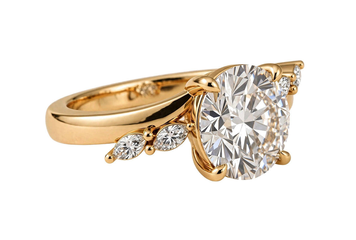 14K Yellow Gold Nature-Inspired Round Cut Solitaire Engagement Ring with Marquise Diamond Accents.