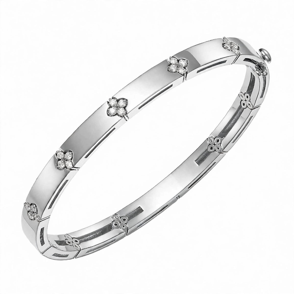 18K Yellow Gold Diamond Flower Station Bangle Bracelet