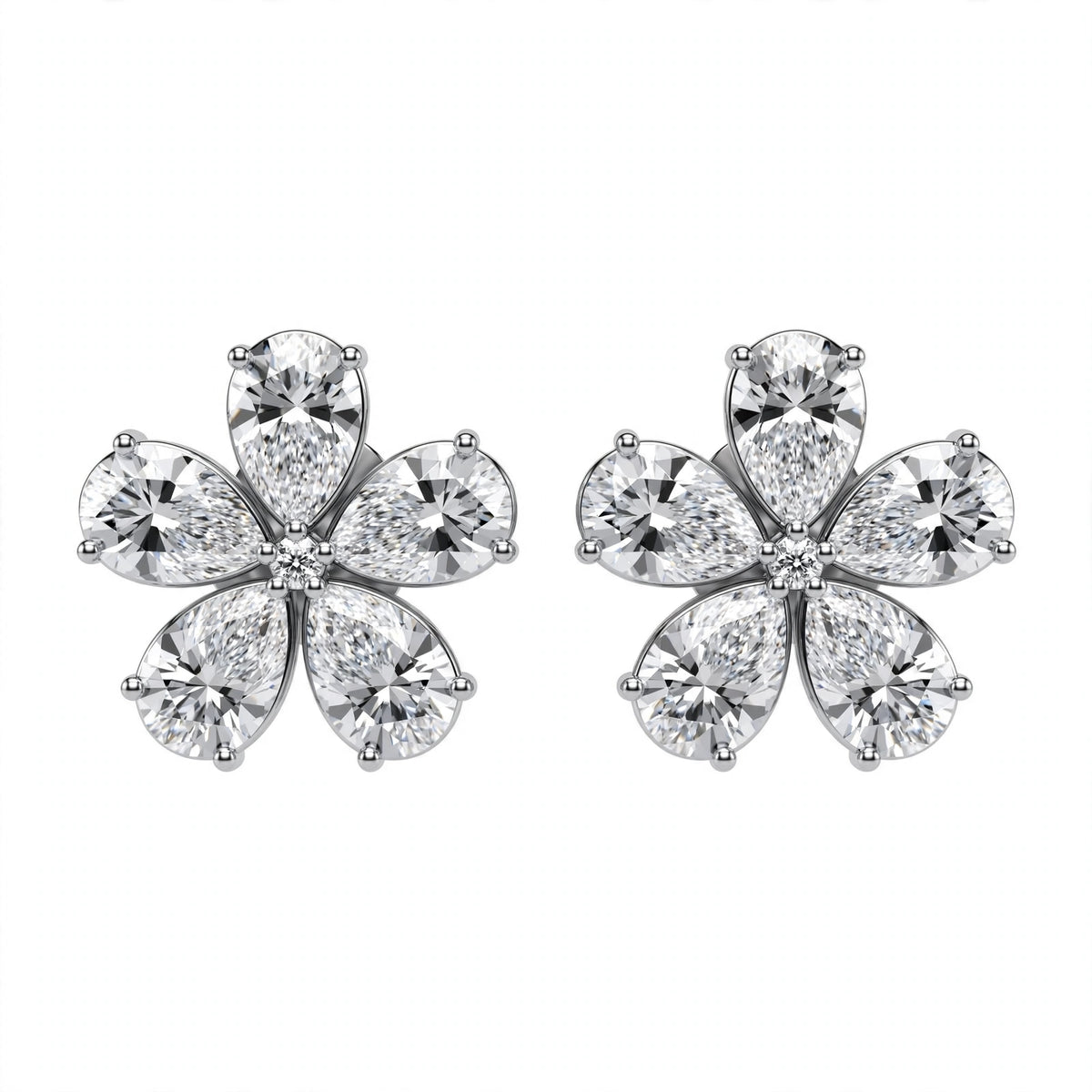 14K White Gold Pear-Shaped Diamond Flower Cluster Stud Earrings