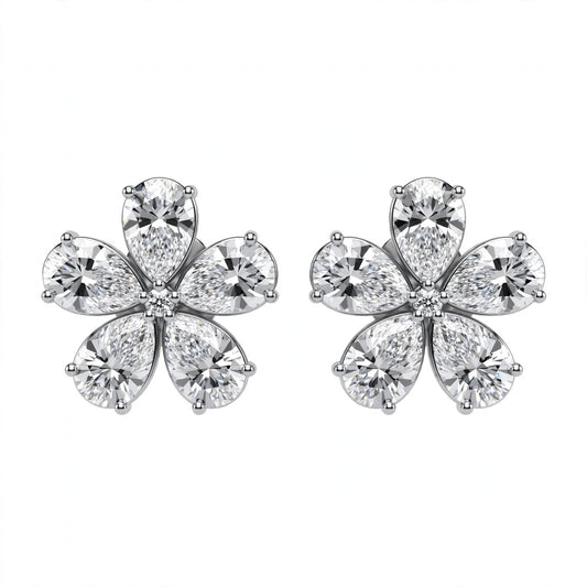 14K White Gold Pear-Shaped Diamond Flower Cluster Stud Earrings