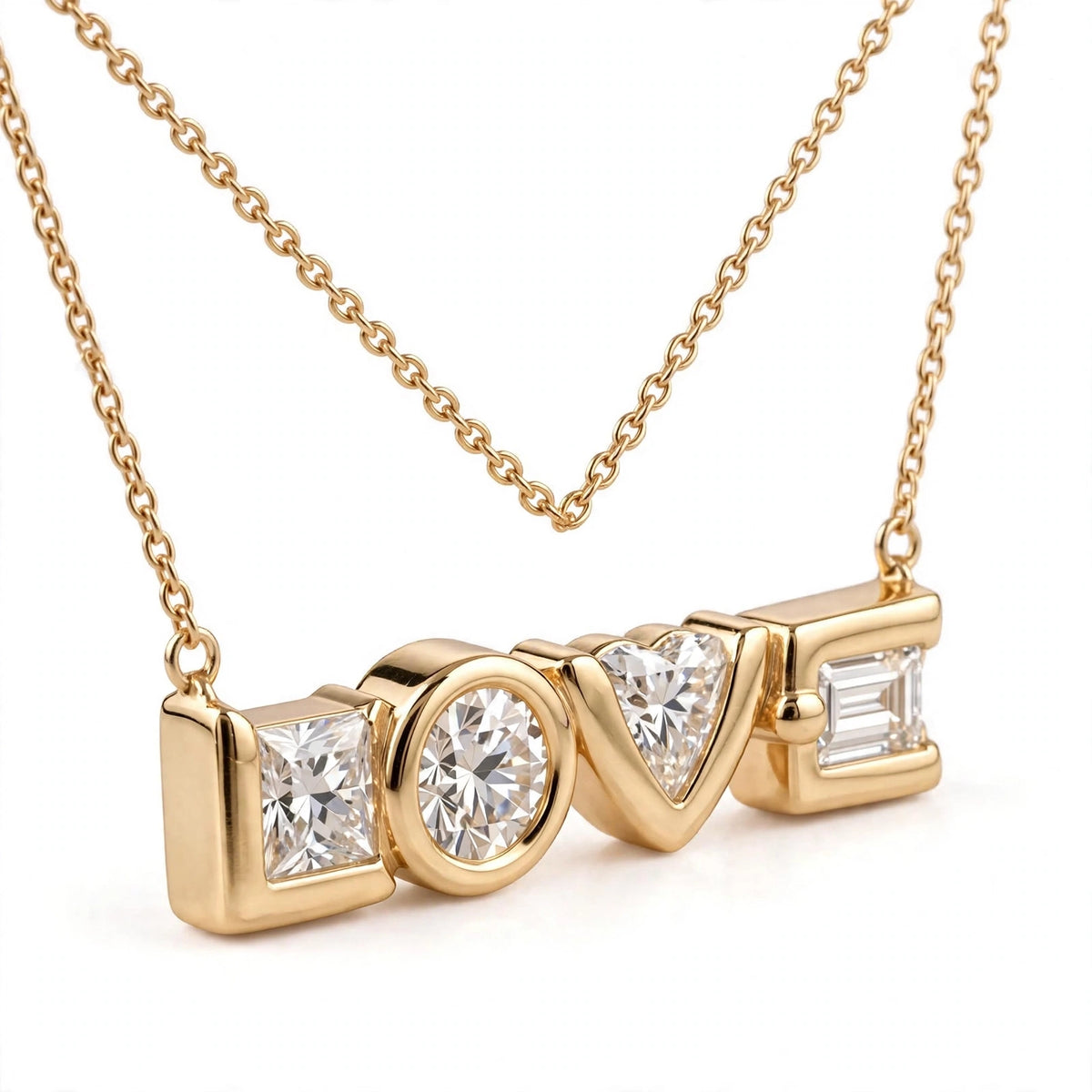 14K Yellow Gold Multi-Shape Diamond "LOVE" Pendant Necklace