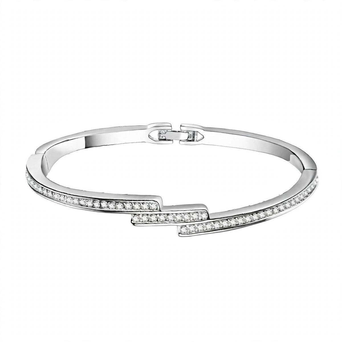 18K White Gold Diamond Staggered Bypass Bangle Bracelet — Brilliant Pavé Contemporary Hinged Kada