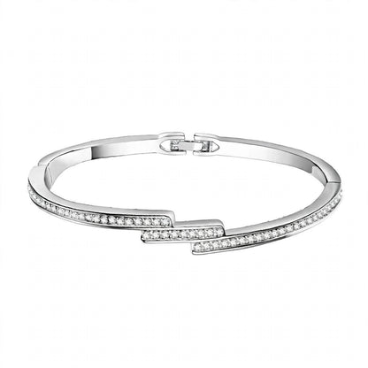 18K White Gold Diamond Staggered Bypass Bangle Bracelet — Brilliant Pavé Contemporary Hinged Kada