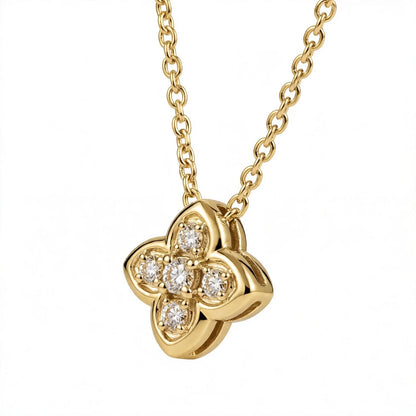 18K Yellow Gold Four-Petal Flower Diamond Pendant Necklace
