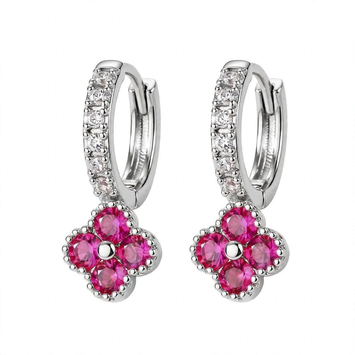 925 Sterling Silver Pink Ruby Clover Huggie Hoop Earrings
