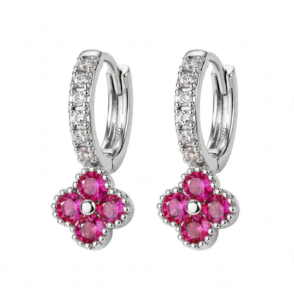 925 Sterling Silver Pink Ruby Clover Huggie Hoop Earrings