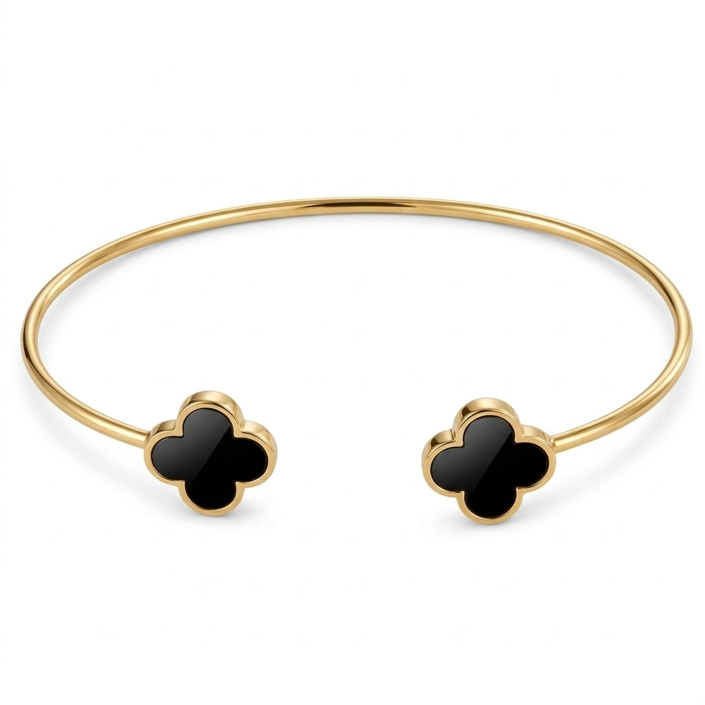 18K Gold Plated Open Cuff Bangle with Twin Black Clover Motifs