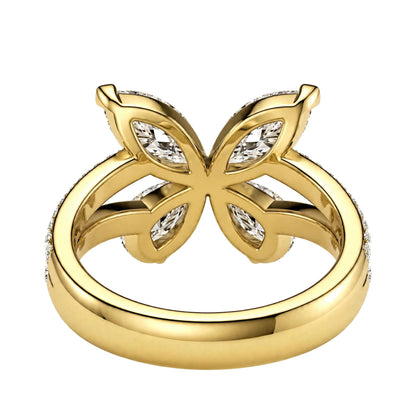 14K Yellow Gold Butterfly Diamond Statement Ring – Marquise & Pear Cut Cluster Accent.
