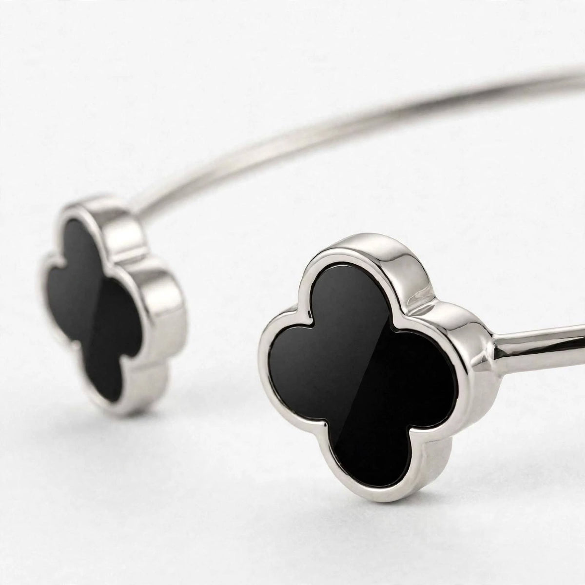 18K Gold Plated Open Cuff Bangle with Twin Black Clover Motifs