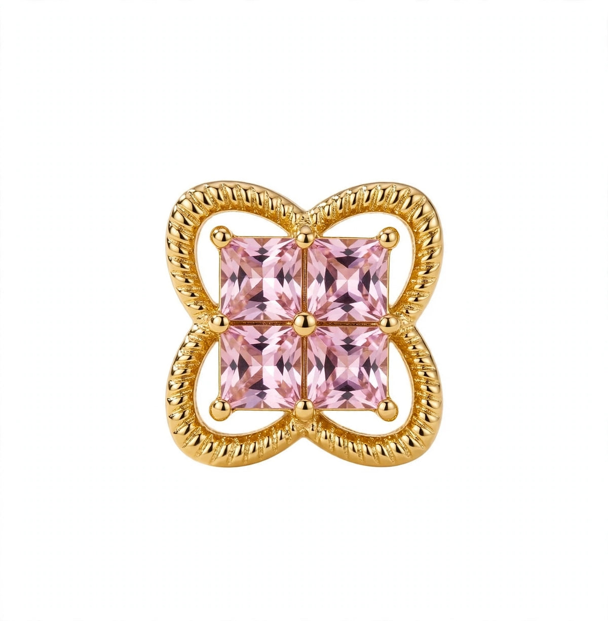 Princess-Cut Pink Gemstone Four-Leaf Clover Ear Studs