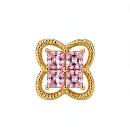 Princess-Cut Pink Gemstone Four-Leaf Clover Ear Studs