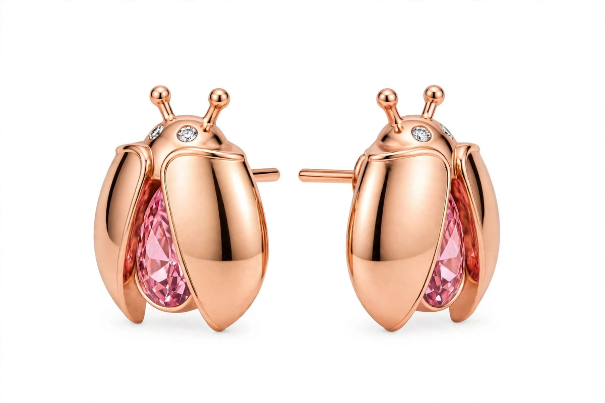 14K Gold Ladybug Stud Earrings with Pear-Cut Pink Zirconia & Crystal Eyes.