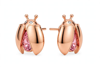 14K Gold Ladybug Stud Earrings with Pear-Cut Pink Zirconia & Crystal Eyes.
