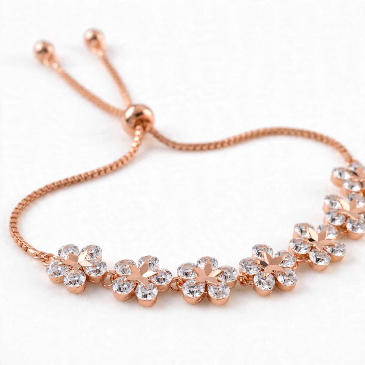 18K Rose Gold Crystal Flower Bolo Bracelet