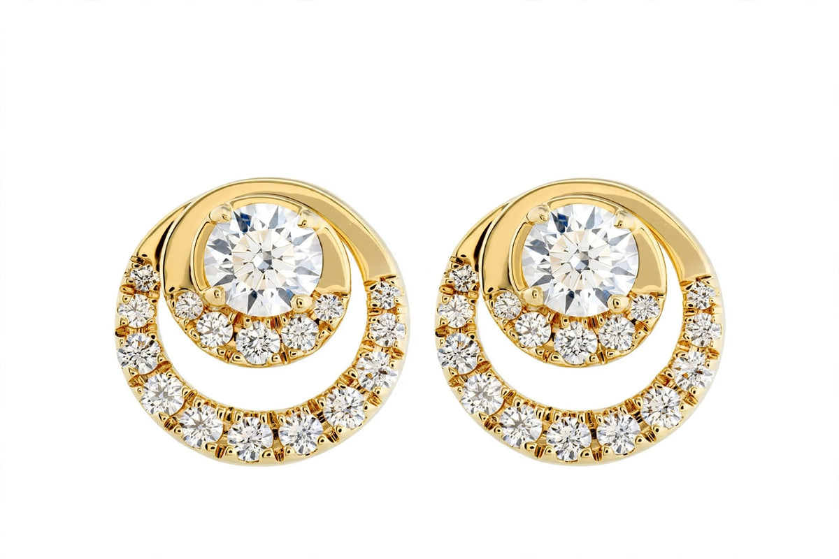 14K Yellow Gold Round Diamond Double Circle Stud Earrings