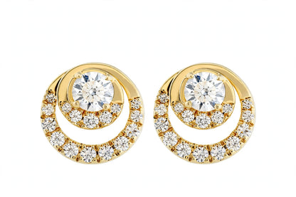 14K Yellow Gold Round Diamond Double Circle Stud Earrings