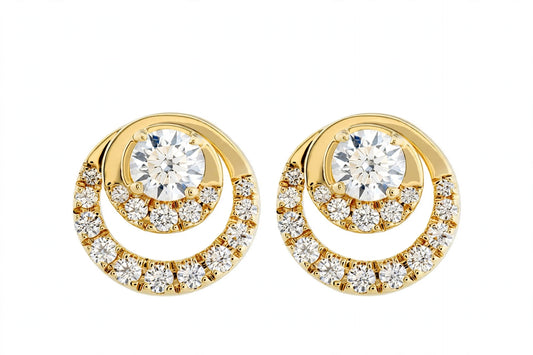 14K Yellow Gold Round Diamond Double Circle Stud Earrings