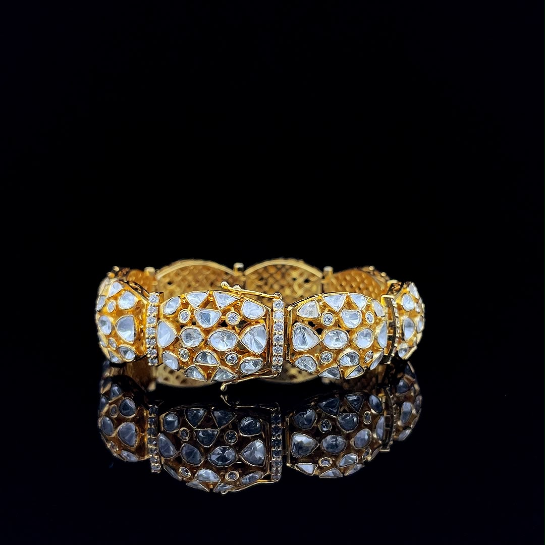 Kundan polki gold and diamonds broad bridal bracelet.