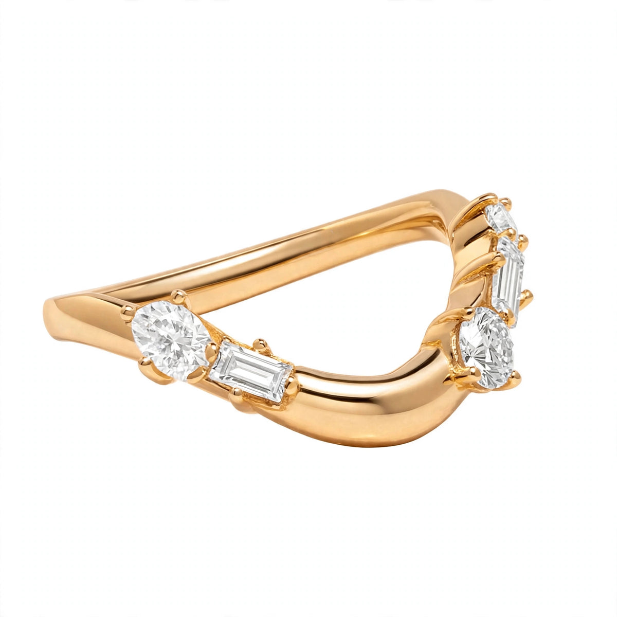 14K Yellow Gold Curved Diamond Wedding Band