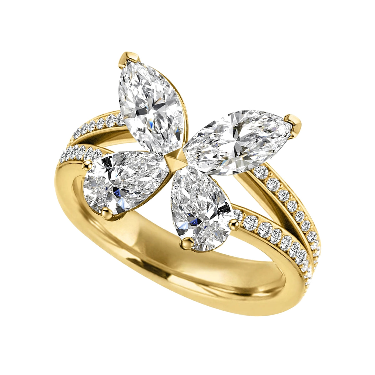 14K Yellow Gold Butterfly Diamond Statement Ring – Marquise & Pear Cut Cluster Accent.