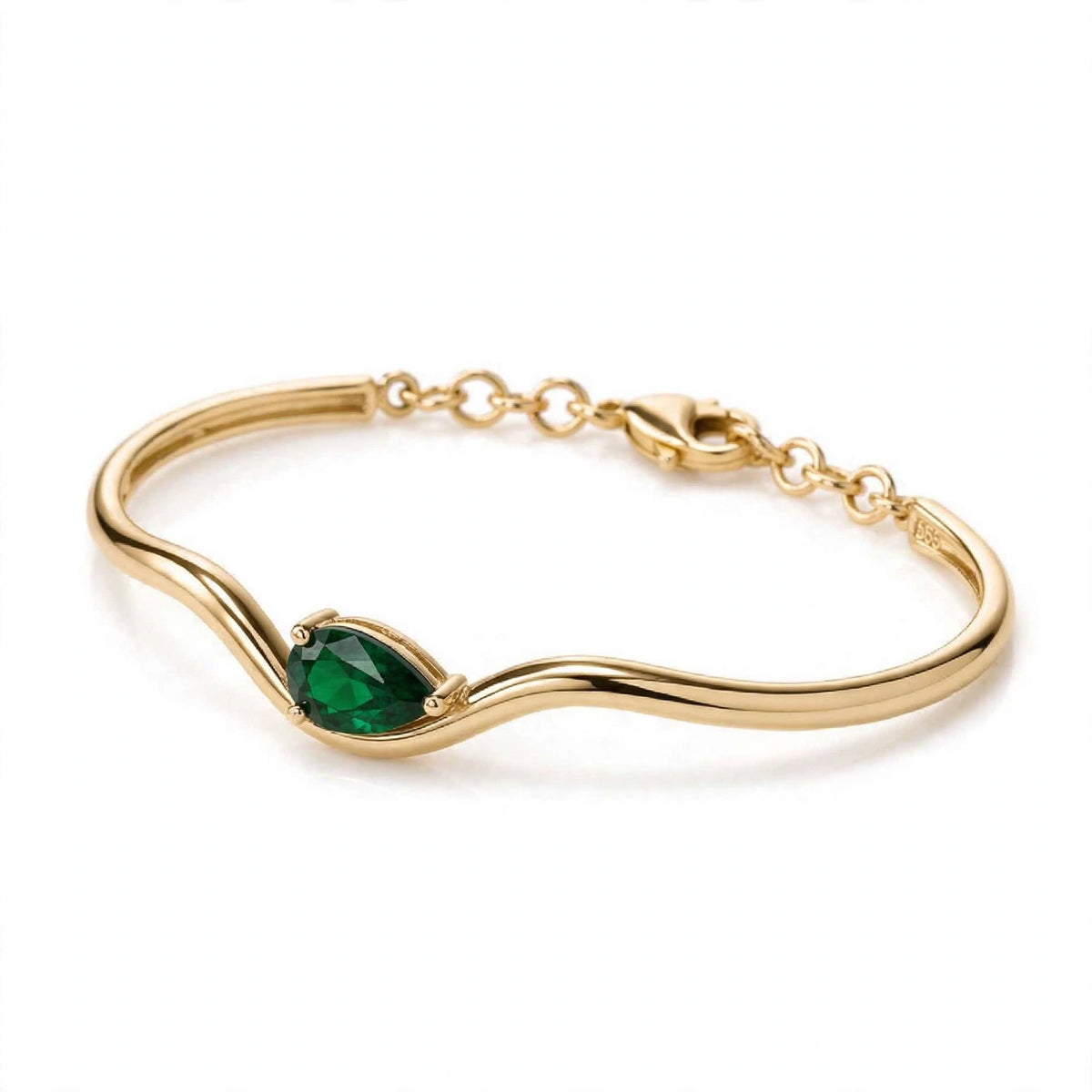 14K Yellow Gold Minimalist Pear-Shaped Emerald Asymmetric Wave Bangle Bracelet