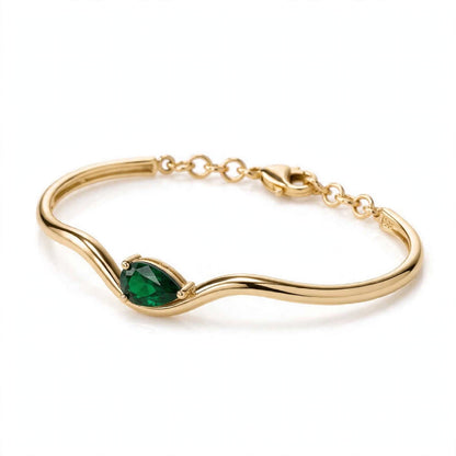 14K Yellow Gold Minimalist Pear-Shaped Emerald Asymmetric Wave Bangle Bracelet