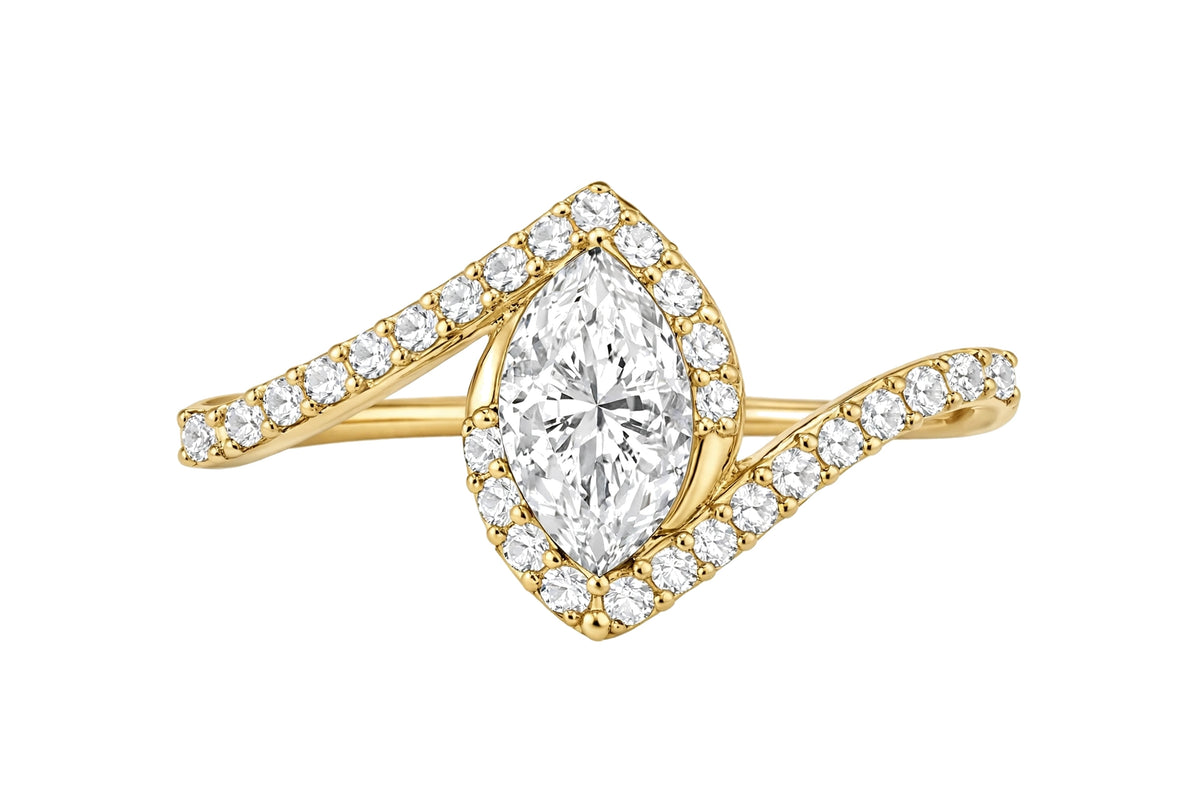14K Yellow Gold Marquise Diamond Bypass Engagement Ring with Pavé Halo.