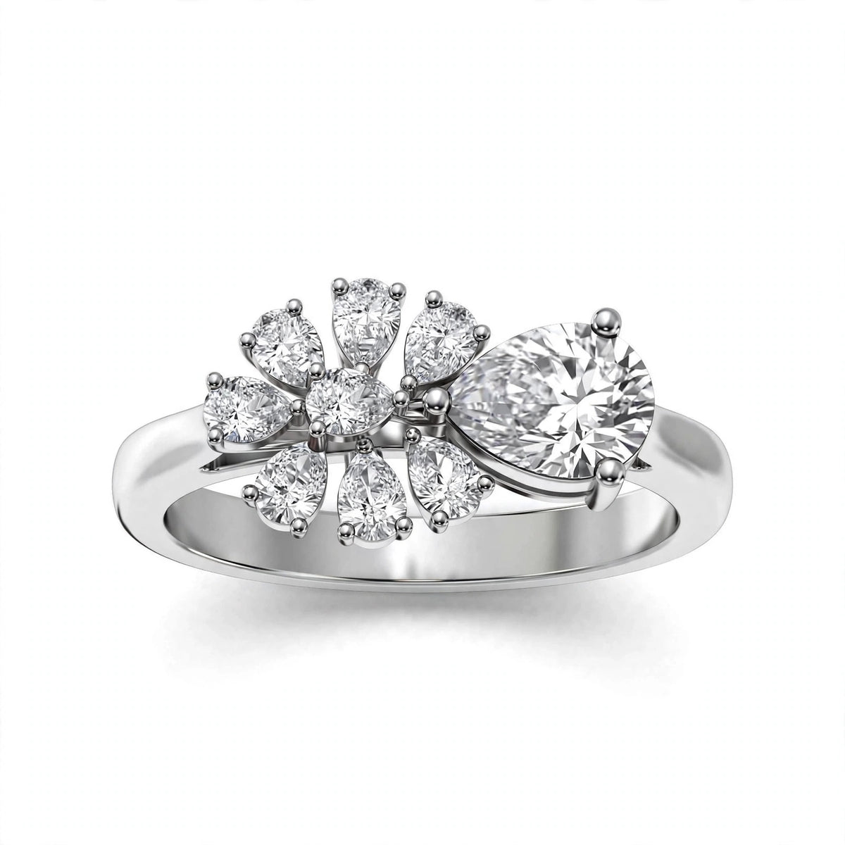 Nature-Inspired Pear Diamond Flower Petal Cluster Ring