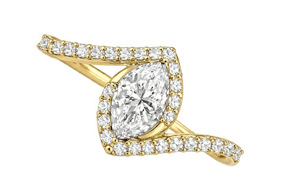 14K Yellow Gold Marquise Diamond Bypass Engagement Ring with Pavé Halo.