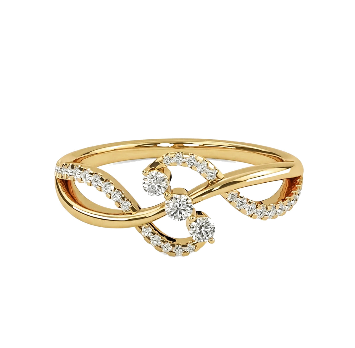 14K Yellow Gold Infinity Twist Three Stone Bypass Diamond Ring.