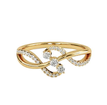 14K Yellow Gold Infinity Twist Three Stone Bypass Diamond Ring.
