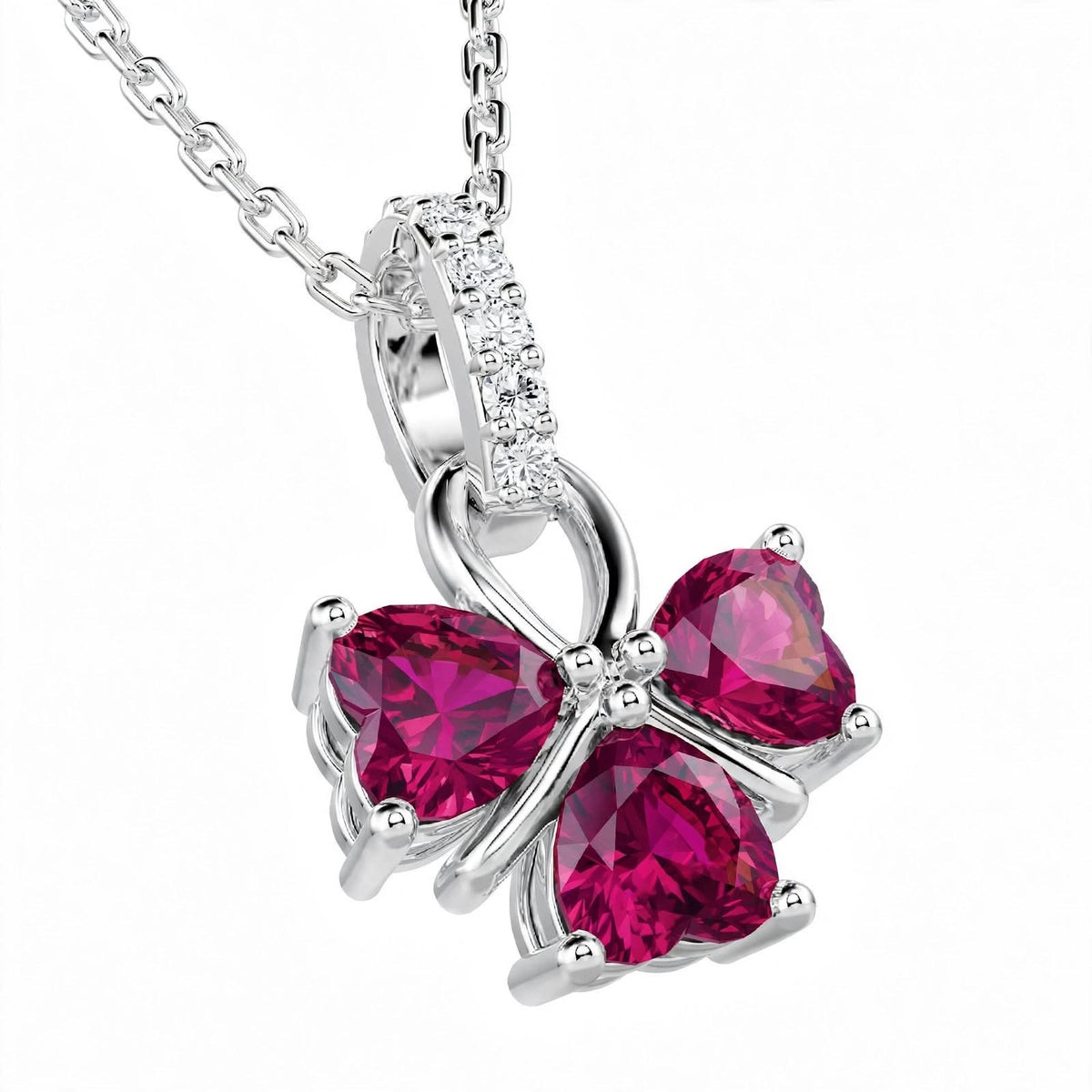 18K White Gold Ruby and Diamond Clover Pendant Necklace