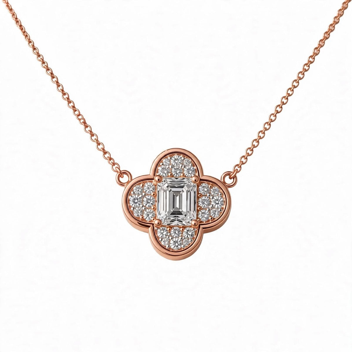 18K Yellow Gold Emerald-Cut Diamond Clover Pendant Necklace
