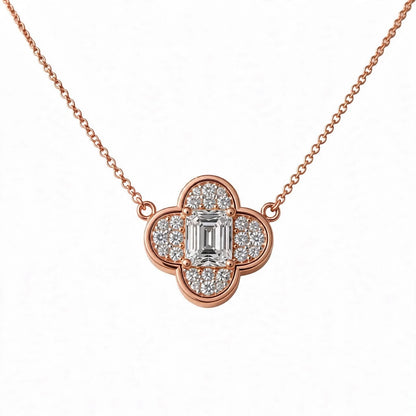 18K Yellow Gold Emerald-Cut Diamond Clover Pendant Necklace