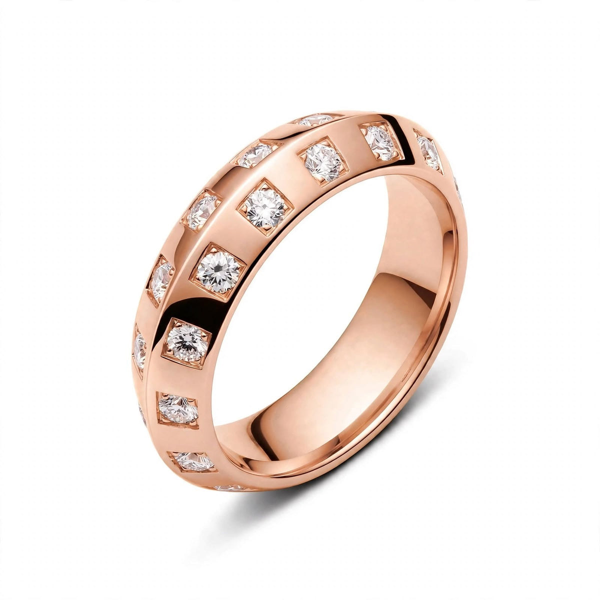 18K Rose Gold Checkerboard Bezel Square Set Round Diamond Ring