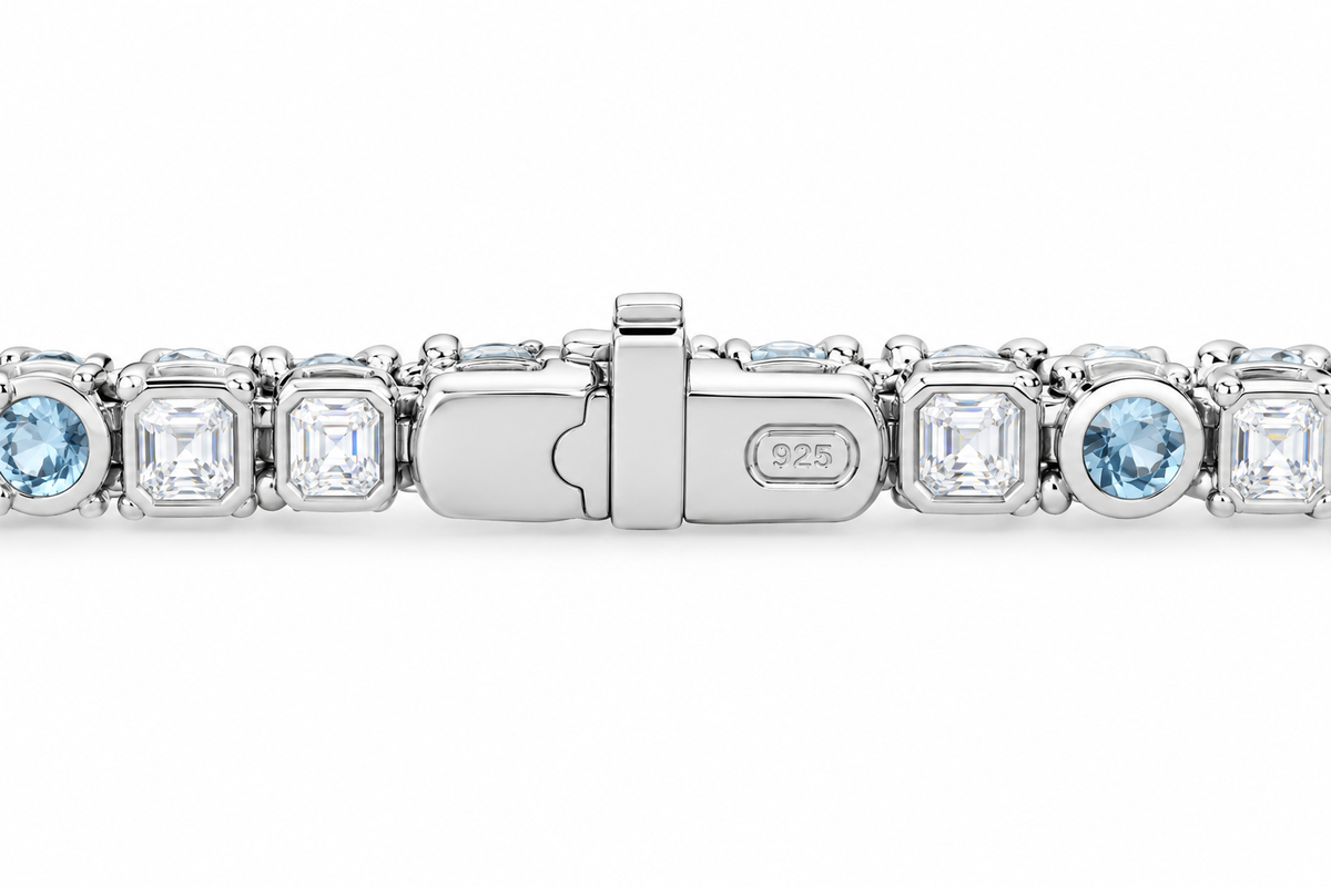 14K White Gold Classic Aquamarine and Diamond Alternating Tennis Bracelet