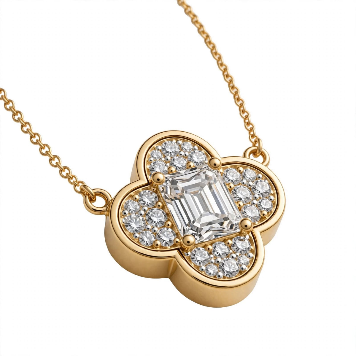 18K Yellow Gold Emerald-Cut Diamond Clover Pendant Necklace