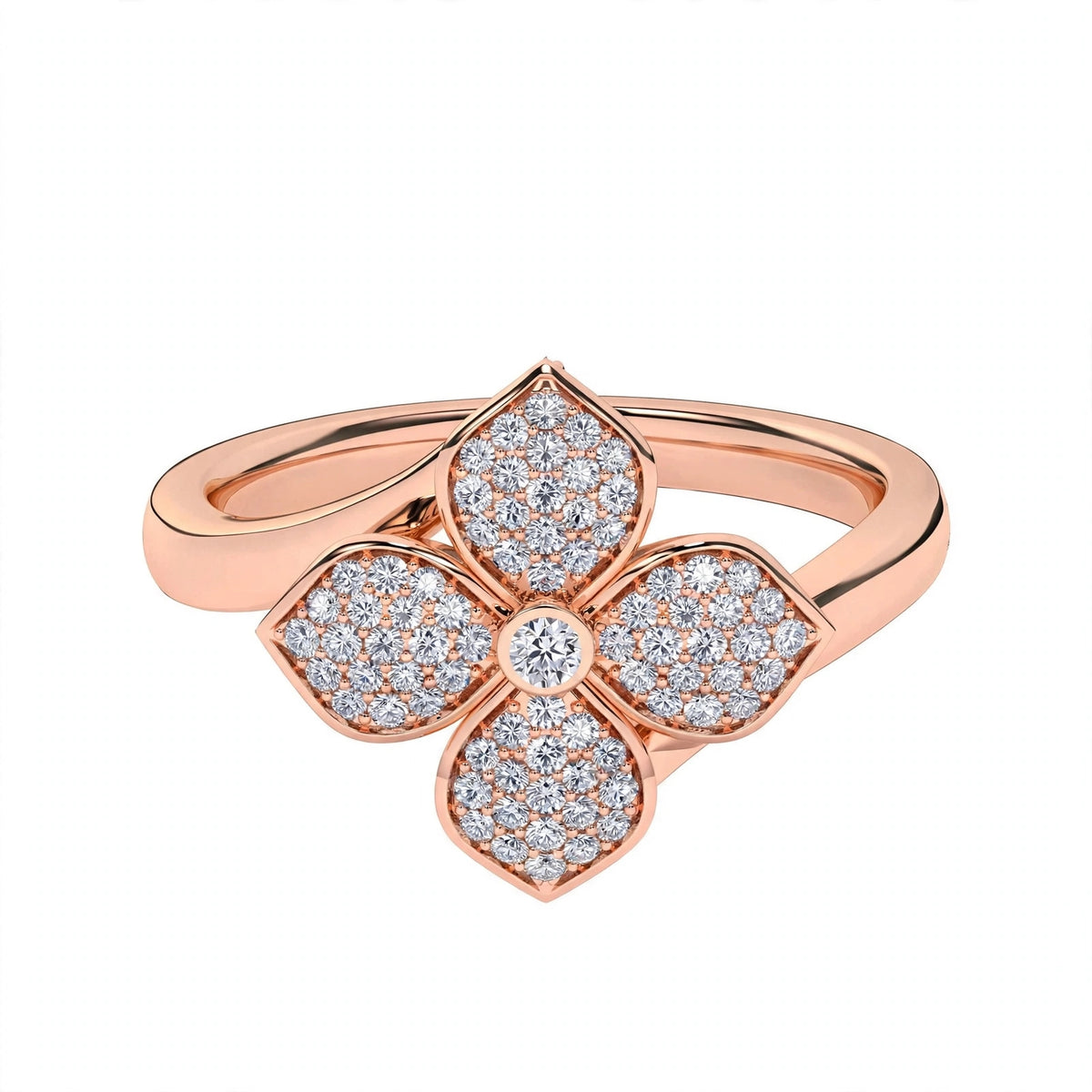 18K Rose Gold Pavé Diamond Blooming Flower Ring.