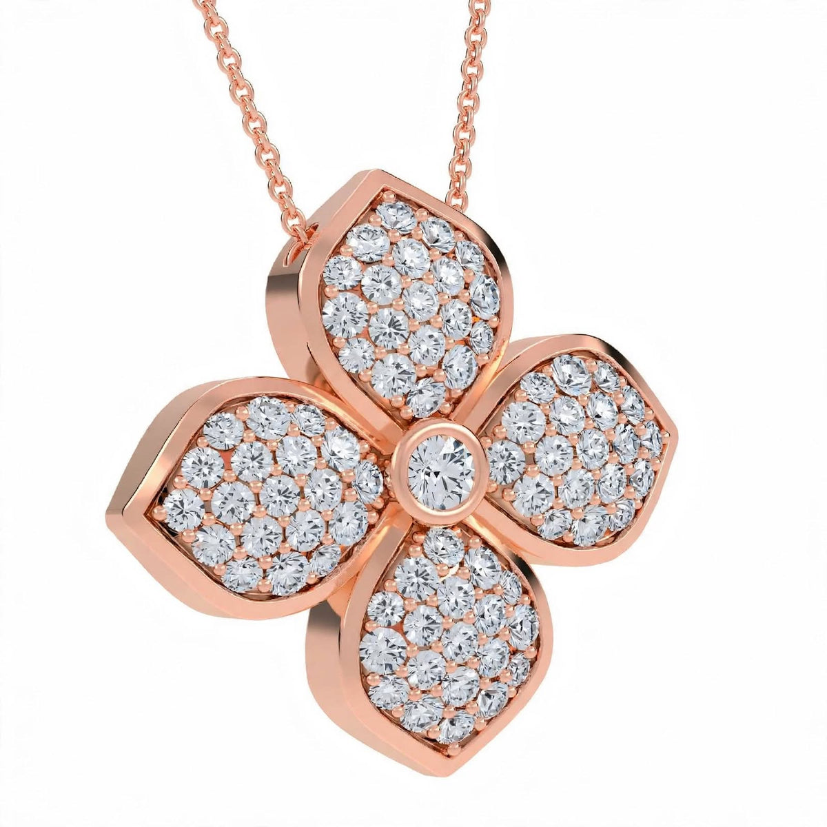 18K Yellow Gold Pavé Diamond Four-Petal Flower Pendant Necklace